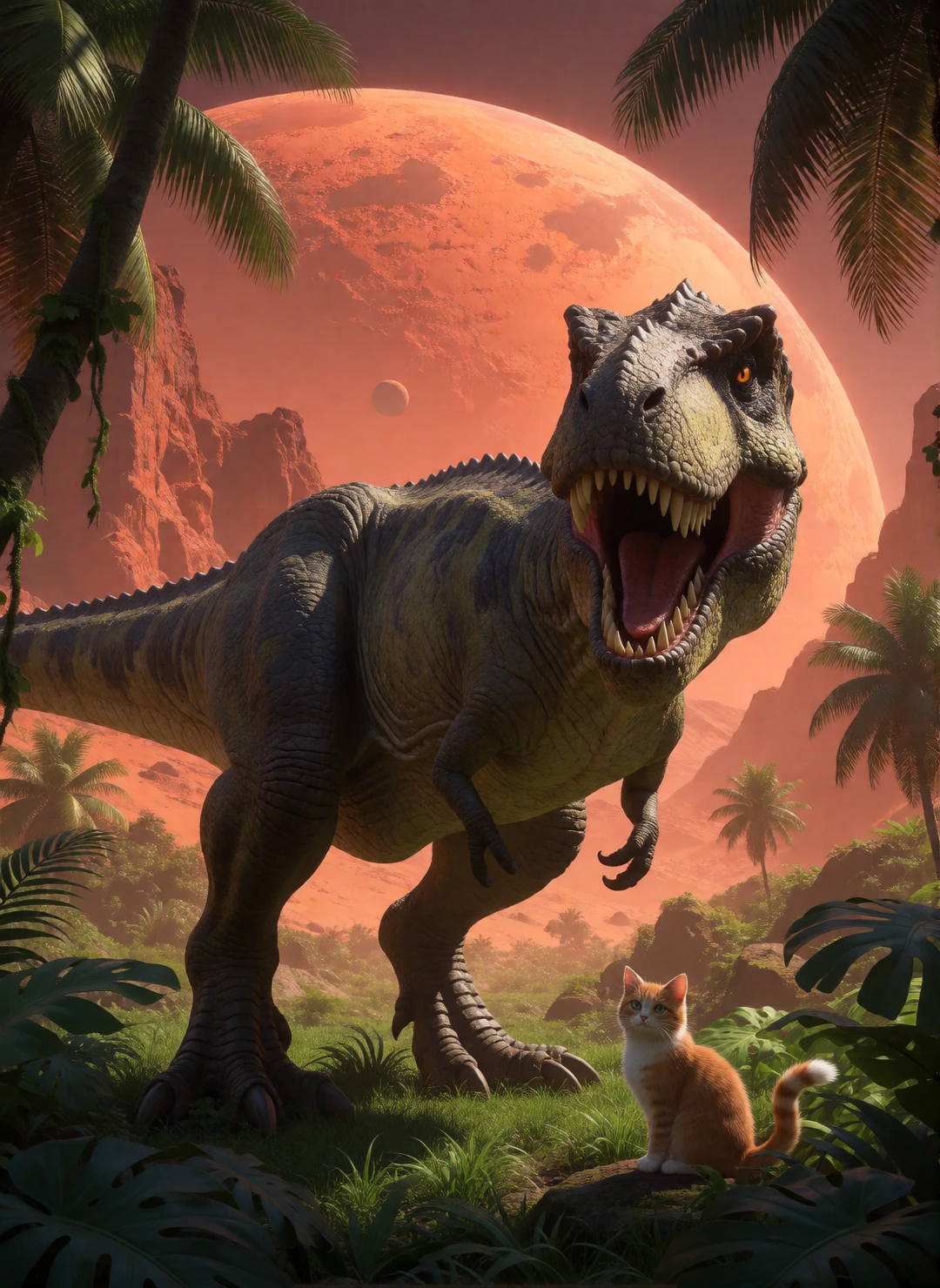 T-rex in a jungle on Mars. 🤔 With a cat, realistic