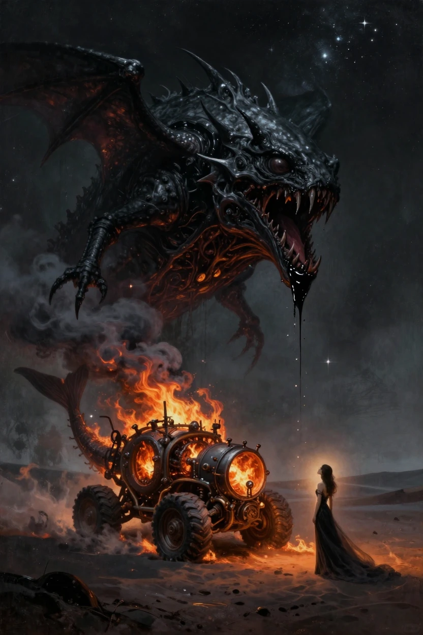 A high-definition, surreal art photograph of a colossal, grotesque, black, fanged Deep-sea Anglerfish floating in a dark, star-speckled, starry desert