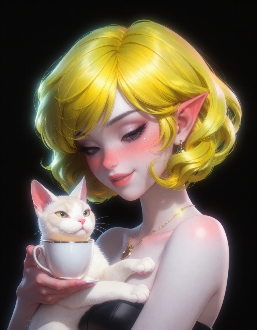elegantpunk style, beautiful smiling woman with vibrant yellow tan ombre Bob cut hair, accompanied by a cat and coffee, highly realistic, high stylization, daz3d manga
