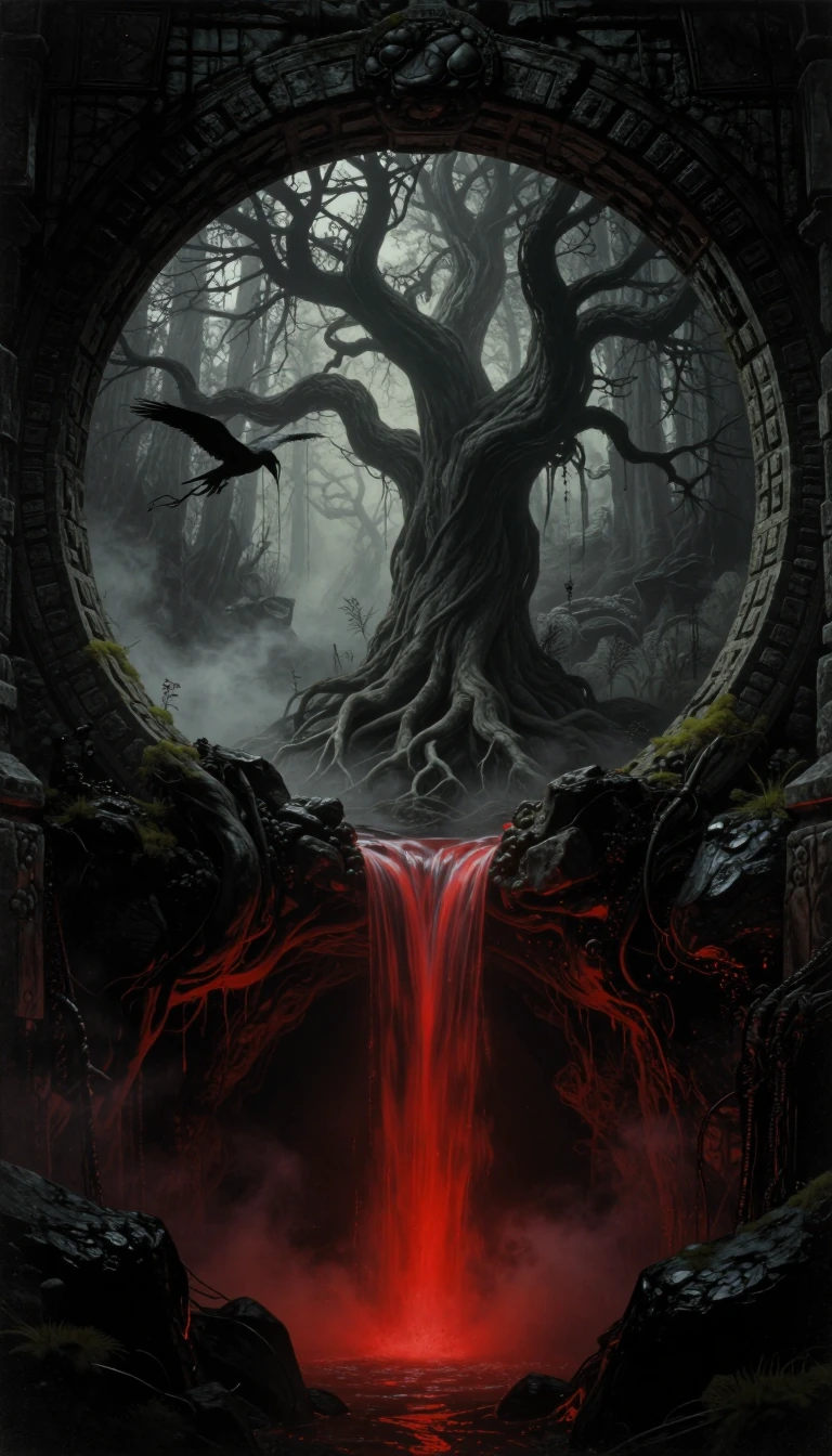 A captivating dark fantasy masterpiece, centred around an ancient circular stone portal framing a gnarled dead tree, set against a backdrop of a misty and eerie forest. A mystical red waterfall flows from the base of the portal into a rocky chasm. Et