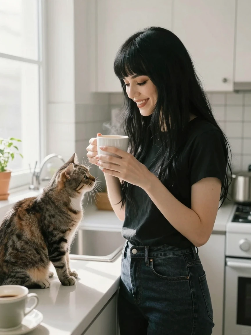 Woman, long black hair with bangs, Goth, in the kitchen in the morning getting coffee. she is with a cat. Sunny day quiet scene happy morning.