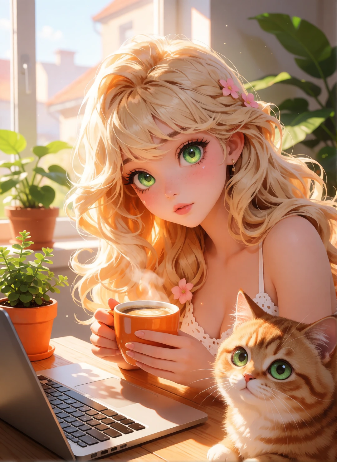 beautiful blonde woman in the morning with her cat. Coffee , laptop, plants. bright green eyes, in the style of high dynamic range, kawaii art, light orange and light bronze, animated illustrations, daz3d, realistic