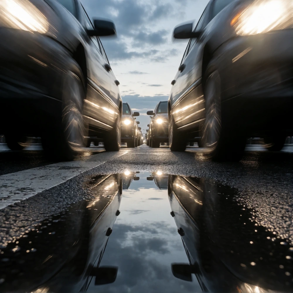 extreme low angle view from ground level on wet asphalt at a busy city intersection, looking up at massive car tires and undercarriages rushing past with intense motion blur, puddles reflecting the patchwork gray and blue sky with thin clouds, headli