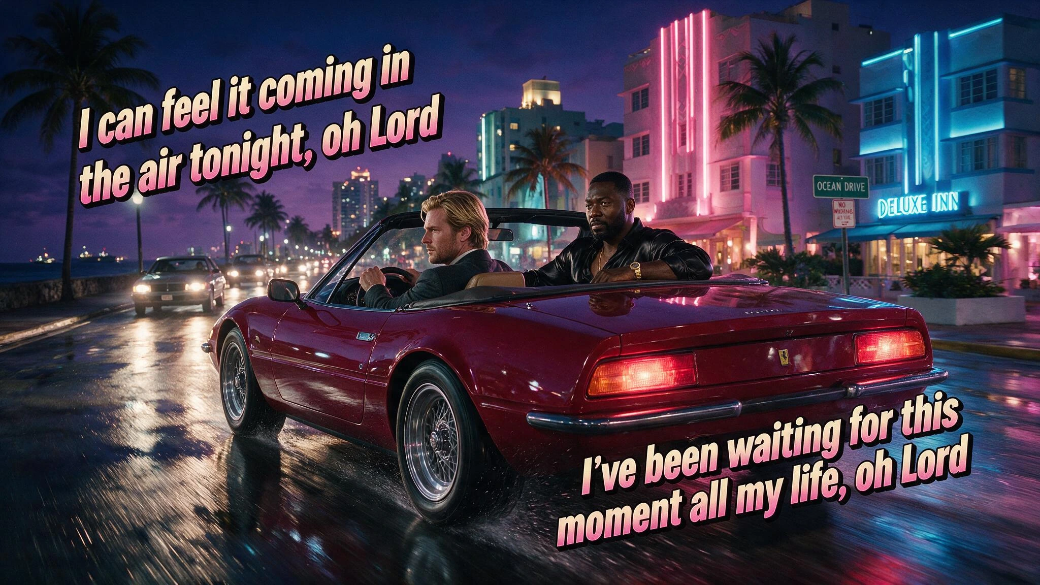 Top Quote written in the upper left in GTA Vice City Style Text: "I can feel it coming in the air tonight, oh Lord" Night time in 1980's Miami; A Crimson Ferrari Daytona Spider with a slick handsome blonde hair, designer stubble, 80's Caucasian Detec