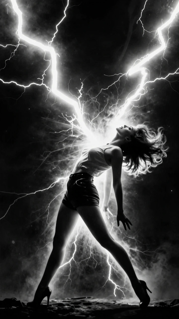 Woman arching backward mid-electrocution, two jagged lightning bolts converging from opposite sides of frame, her body silhouetted against the violent