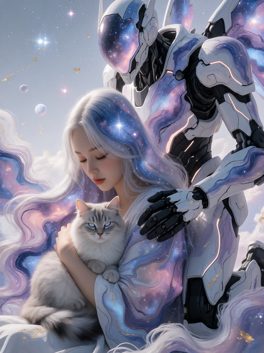 Dreamlike cosmic scene of a beautiful woman with long flowing silver-white hair holding a realistic fluffy cat with glowing eyes, galaxy paint dripping and swirling through her hair in indigo, violet, pink and lavender nebula tones with scattered sta