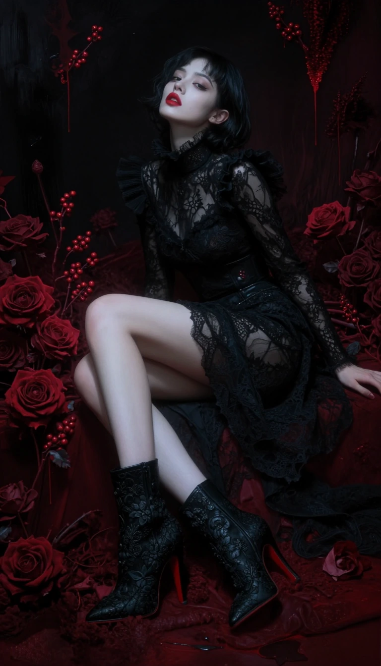 A sombre and melancholic haute couture fashion photograph, shot with cinematic lighting that reveals only the essential textures. The subject is a wom