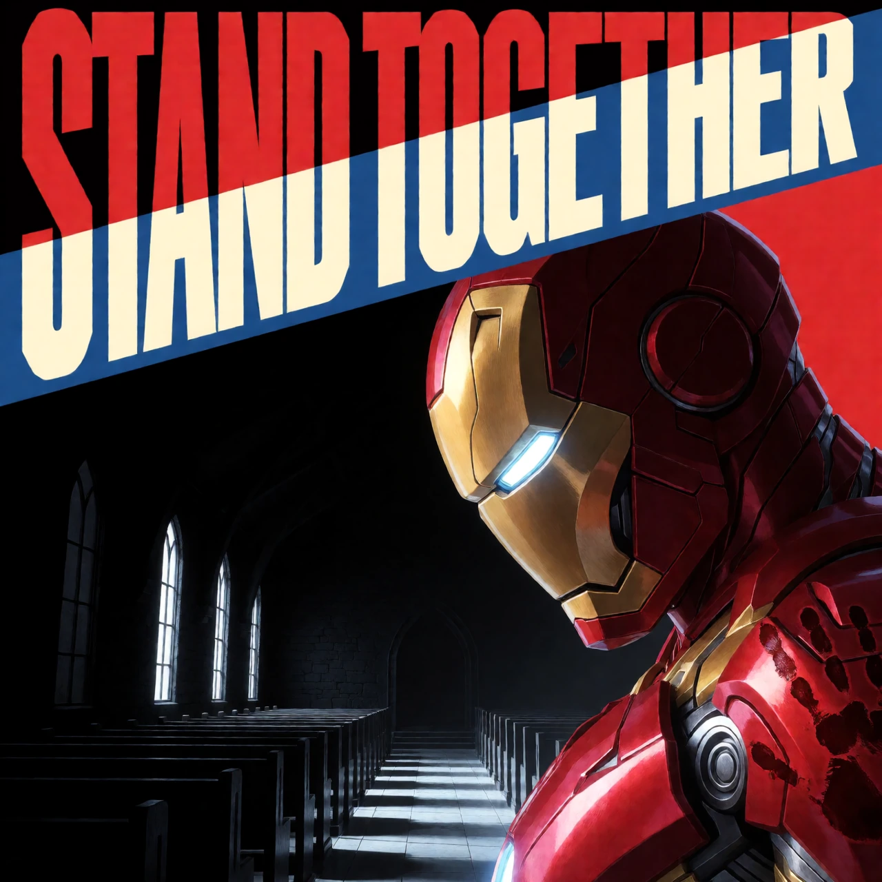 A fantasy realm propaganda poster artwork, poster composition with a bold diagonal banner across the title, condensed block propaganda lettering, STAND TOGETHER, adult Iron Man, red-and-gold armor, glowing eye slits, deep scratches across the mask, u