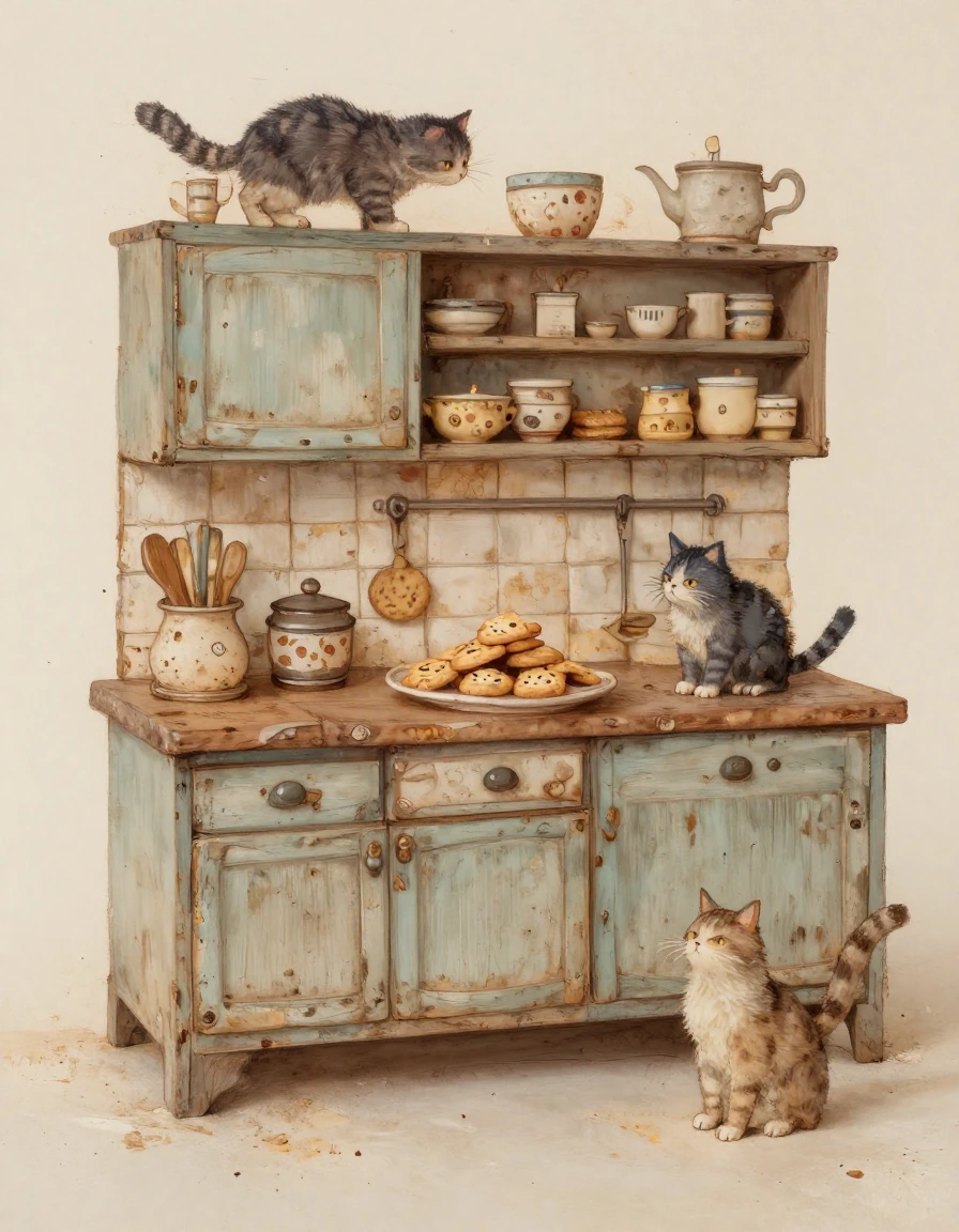 Tiny world , painterly, cats and cookies, shabby chic kitchen