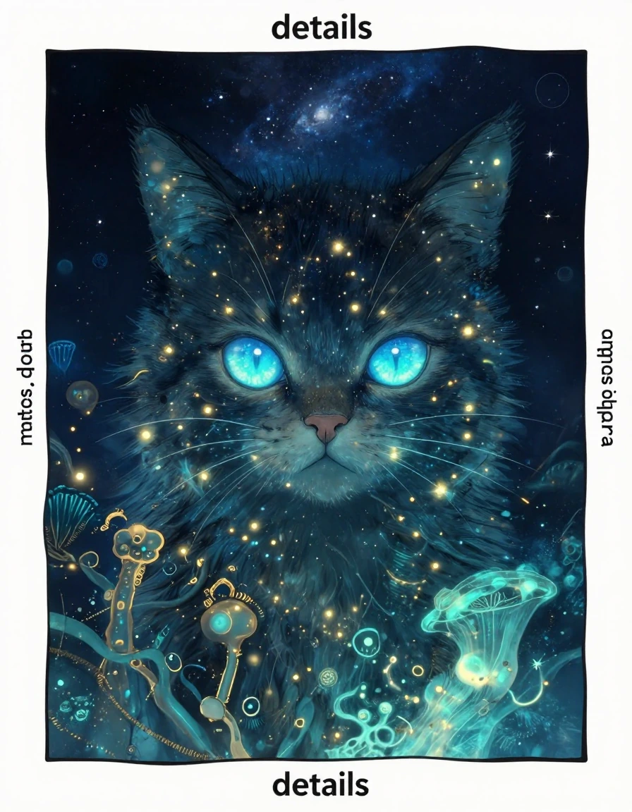 { "details": { "atmosphere": "mystical, ethereal", "color_palette": { "dominant_colors": [ "deep blue", "gold", "black" ], "highlights": [ "glowing go