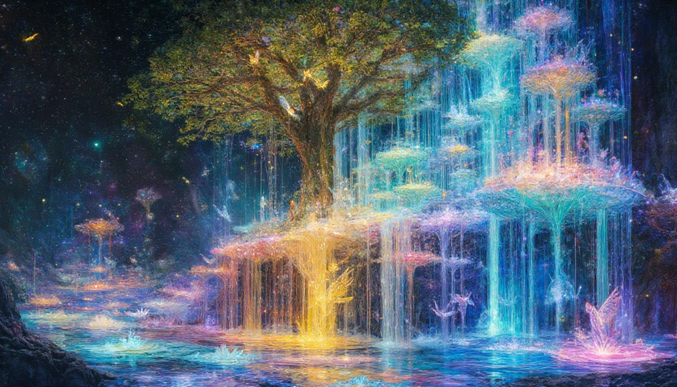 A transcendent dreamscape where impossible geometry folds into crystalline consciousness, iridescent soap-bubble architecture floating in prismatic void, each structure containing miniature galaxies swirling with bioluminescent nebulae in colors that