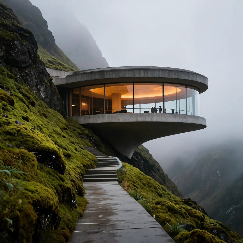 Ultra-realistic architectural photography of a futuristic circular pavilion embedded into a steep, misty mountain landscape. The building has a wide cantilevered concrete roof and floor, forming a floating ring, with full-height vertical glass panels