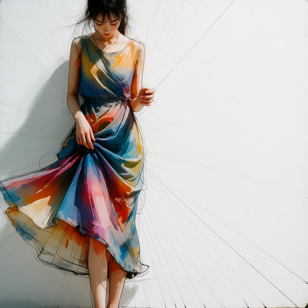 A single young woman standing against a stark white wall,wearing a flowing dress. Modern digital illustration with expressive fluid linework and layered color application,blending contemporary anime aesthetics with hand-drawn texture emulation. Highl