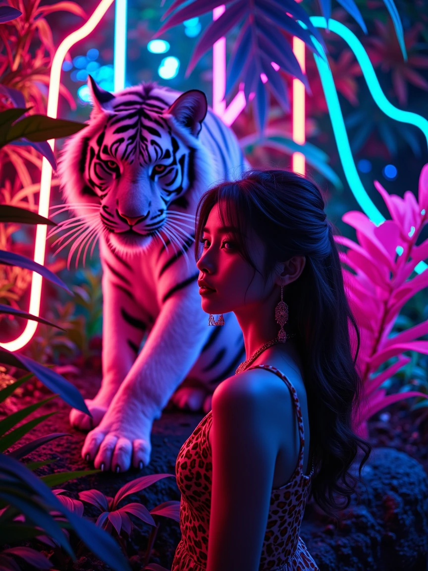 Beautiful, futuristic, neon jungle, neon, tiger, neon, tropical plants, beautiful woman