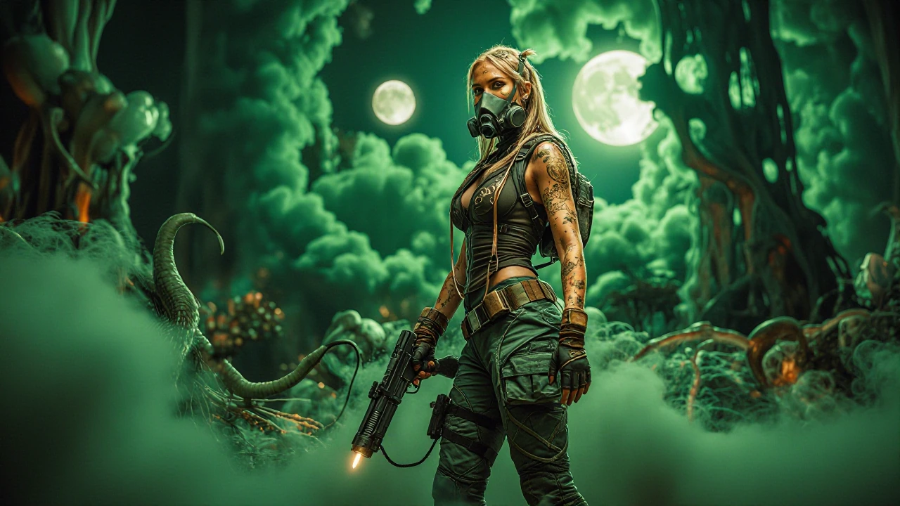 Blonde woman with golden skin tattoos on her face and arms wearing a breathing mask on her lower face walks through a toxic green cloud on an Alien Planet. Her sleeveless tactical vest and radical survival trousers, in her hands she cradles a plasma