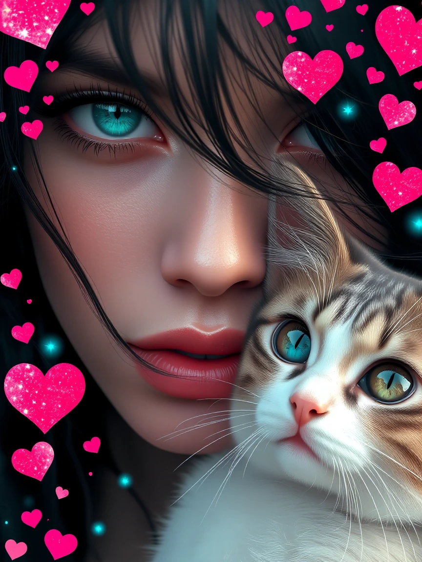 Beautiful woman aqua eyes with a cat, artsy pink red white sparkly hearts. Airbrushed manga, daz3d, surreal, natural shadows
