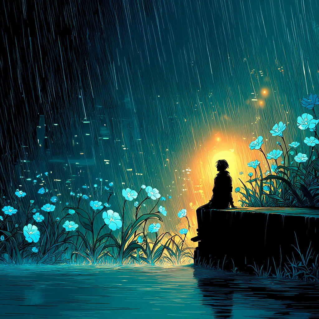 # Rainy Solitude A solitary figure sits on a weathered concrete platform, surrounded by ethereal luminescent flowers that glow soft blue in the downpour. Heavy rain streaks the atmosphere as ripples disturb the flooded foreground. Behind, a blurred c