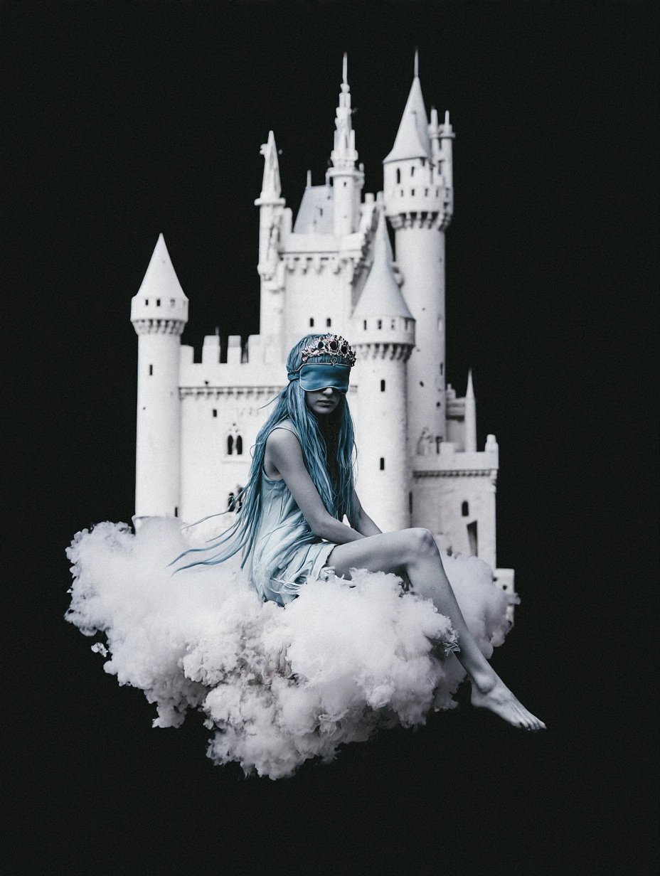 best quality, absurdres dress, blue dress, sleeveless dress, sleeveless, sleep mask, blindfold, crown, gem, blue hair, light blue hair, long hair, very long hair, grey skin, slim, white theme, clouds, sitting, castle,outside , looking at viewer