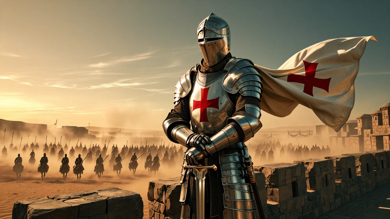 A Templar knight in full plate armour, visor lowered, standing atop a stone battlement at sunset resting his hands on his two-handed sword held before him. A horde of desert riders approach in the distance, sabres, lances and banners visible through 