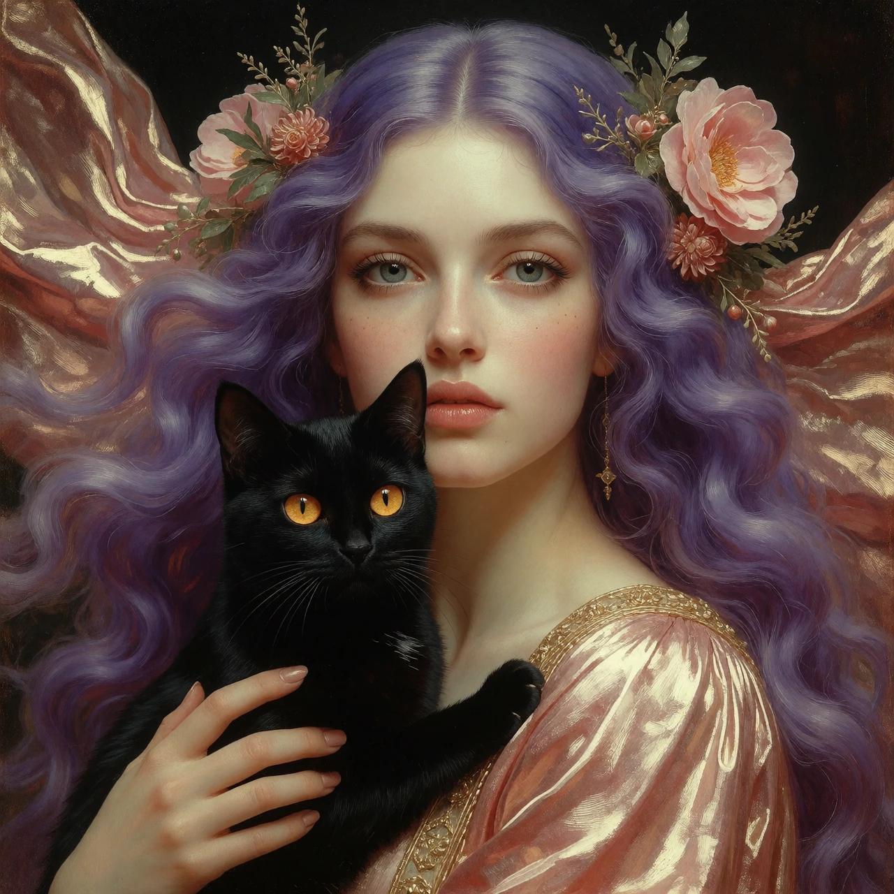 Portrait of a woman with flowing hair in shades of violet and rose gold, rendered in classical oil painting style with soft Renaissance lighting, hold
