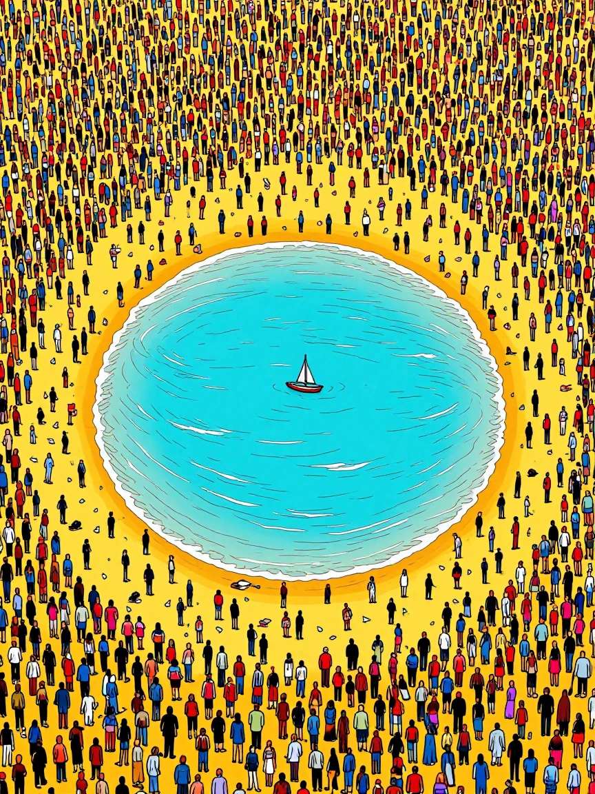 Aerial view of a crowded summer beach with thousands of people packed densely across golden sand, but in the center a perfectly circular puddle no larger than a bathtub—rendered as a miniature complete seascape in exaggerated perspective, with tiny w