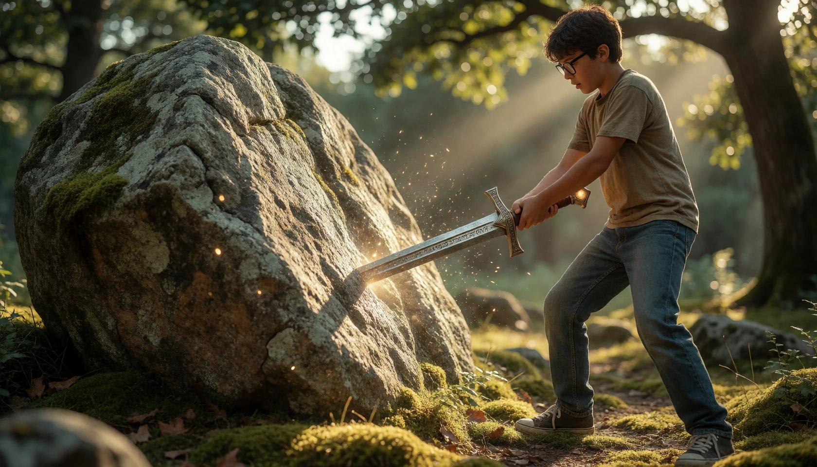 A teenage boy of average build, wearing thick-framed glasses and casual everyday clothes — jeans, a worn t-shirt, sneakers — grips the hilt of an anci