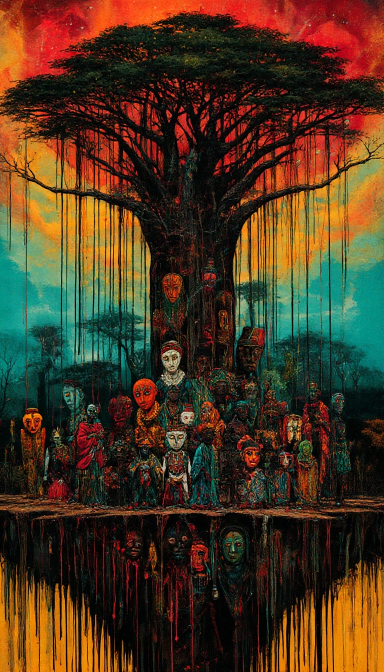 Art cleanses our souls of the grime of everyday life... and it is from this idea that we create a striking, expressive and sombre image, in the spirit of# Beksinski .many strange caracters with terrifying # Dogon masks and a sacred baobab tree. Stran