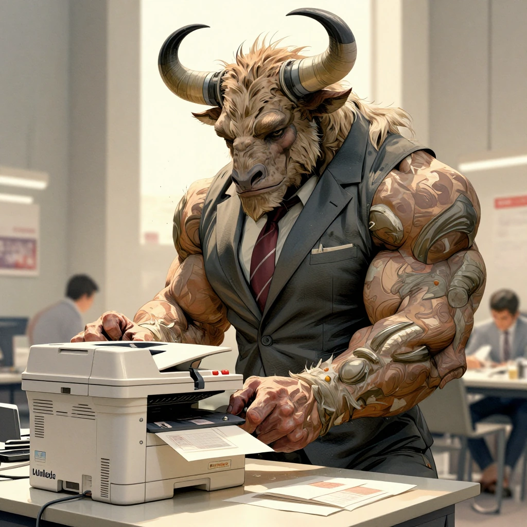 A huge muscular Minotaur wearing a suit and tie using a copy machine inside of an office building as regular people do their work. hyper detailed, hyp