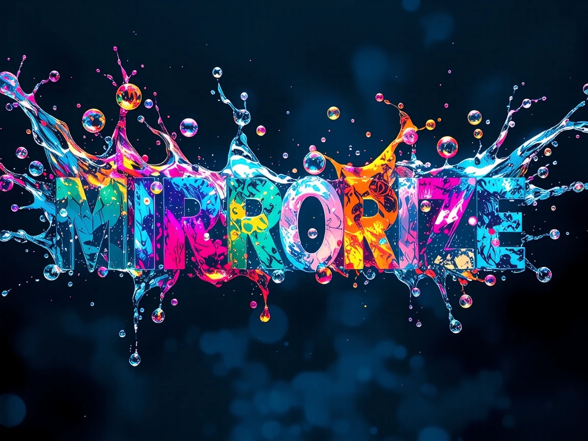 Diaphanous aqueous globules suspended mid-éclaboussure, arrested in kinetic apotheosis, coalescing into aureate letterforms inscribing "MIRRORIZE", polychromatic iridescence refracting through each pellucid sphere—lapis lazuli saturation, viridian ch