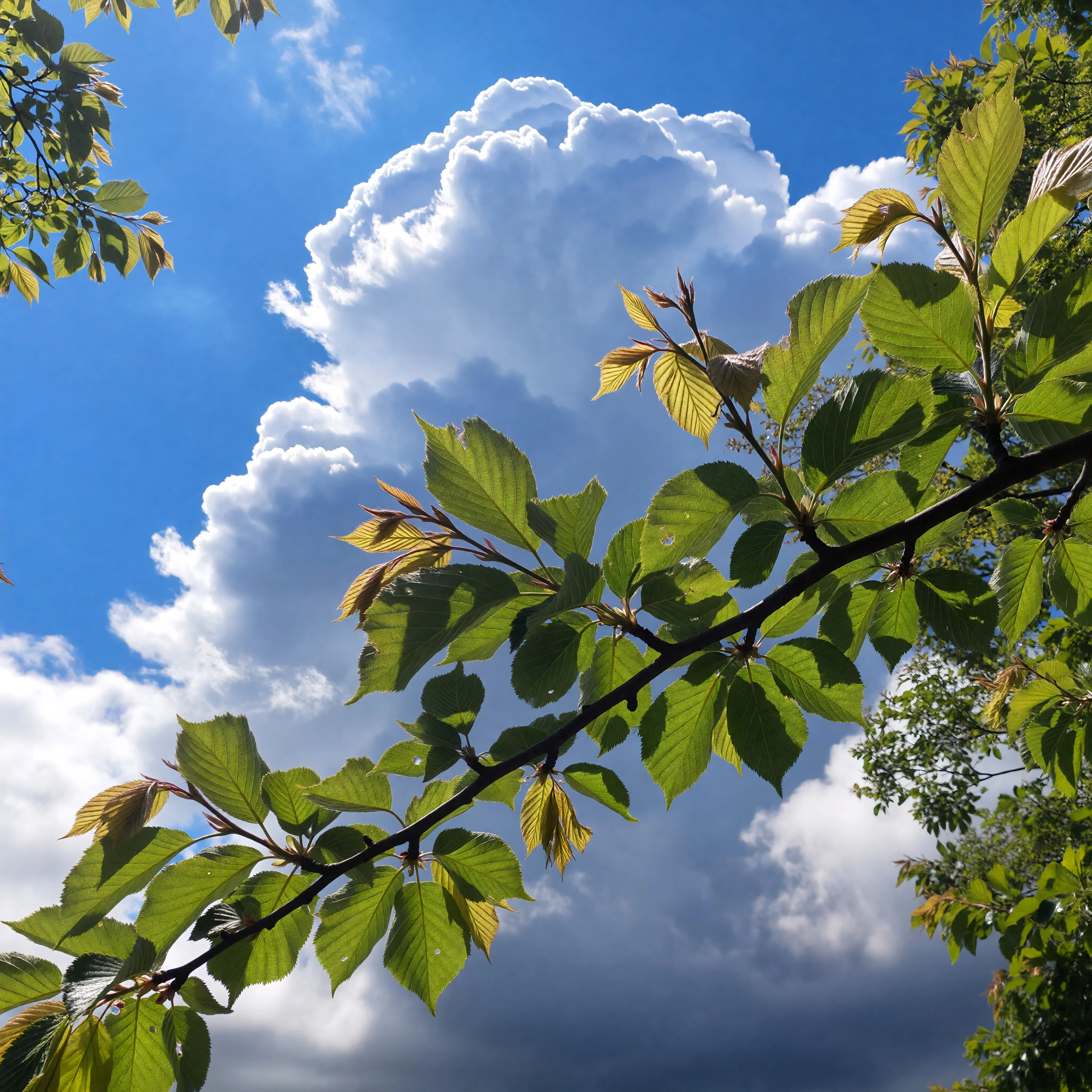 # Sky and Branch A delicate branch with vibrant green leaves stretches diagonally across a brilliant azure sky. Behind it floats a magnificent towering cumulus cloud, its billowing white peaks catching sunlight and casting soft shadows across its tex
