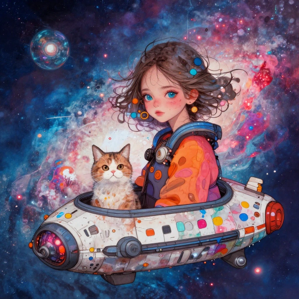 vivid color girl with a cat on a spaceship. vivid color galaxy
