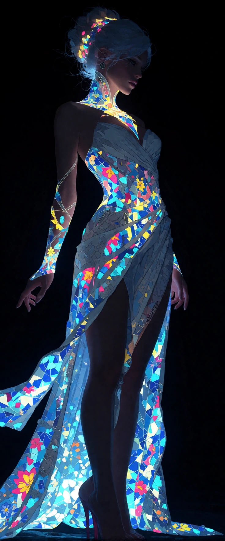 A hyperdetailed, cinematic masterwork of a striking human model standing gracefully in absolute pitch darkness, illuminated exclusively by intense, hi