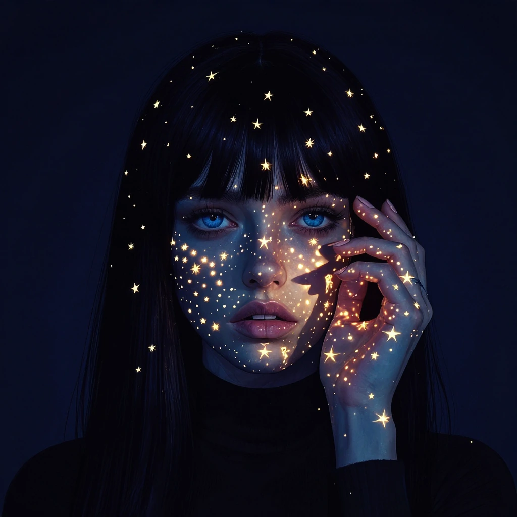 The image is a digital illustration rendered in a hyper-realistic, semi-photographic style, with a focus on surreal and fantasy elements. It features a young woman with porcelain skin, striking blue eyes, and dark, straight hair with blunt bangs. She