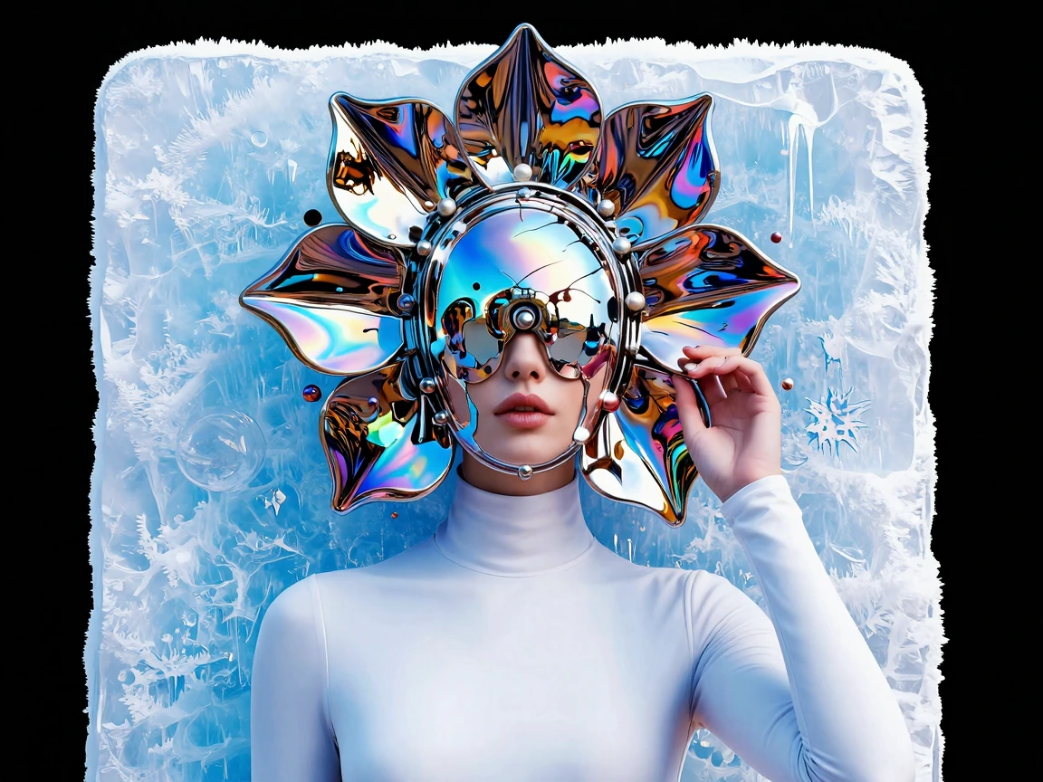 Digital sculptural aesthetic, avant-garde fashion portrait of a woman wearing a headpiece composed of overlapping chrome petals, arranged like a mecha