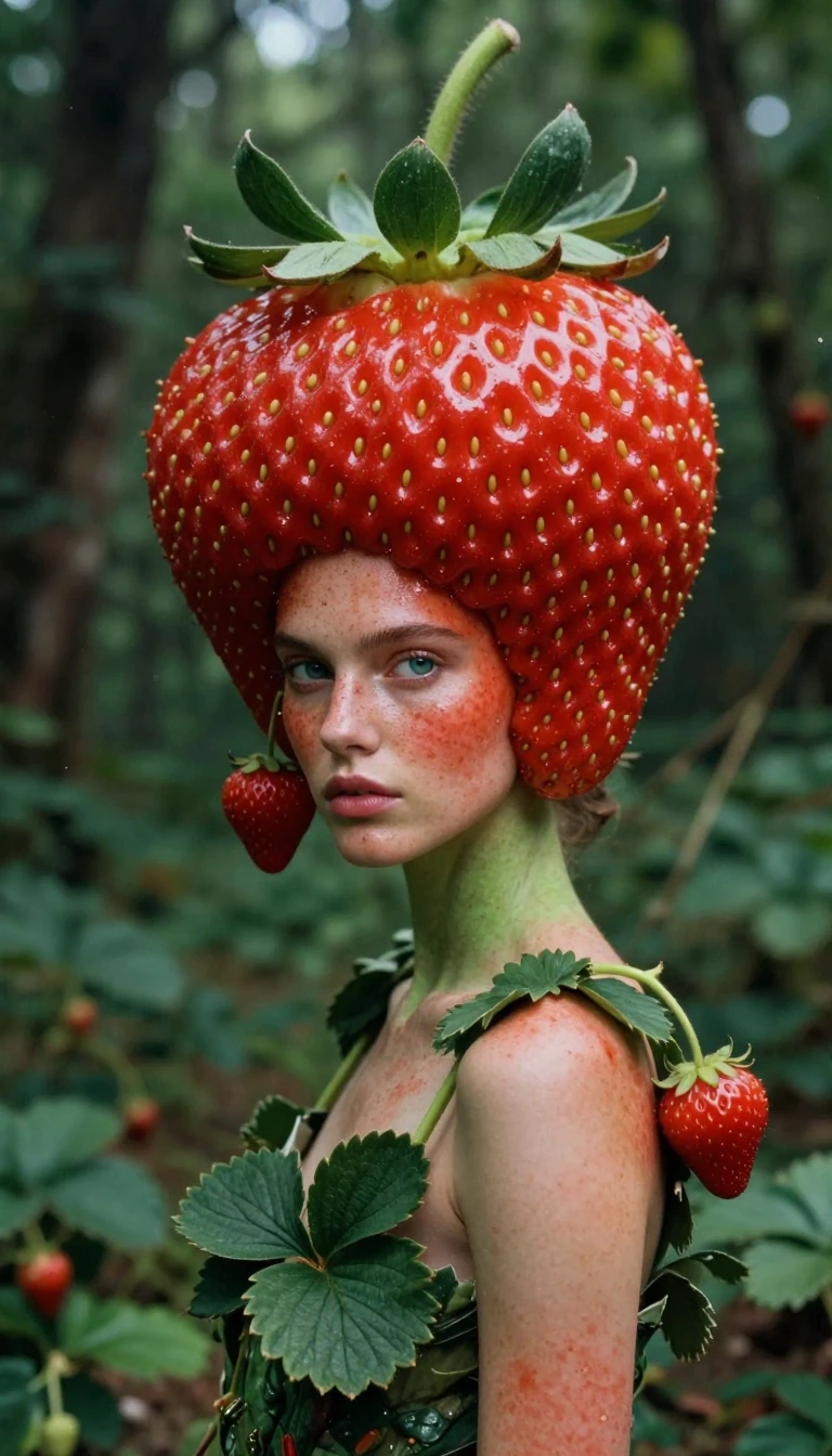 A high-definition surrealist photograph of a model seen from head to toe (full-body shot), standing in a dense forest . her face blending seamlessly w