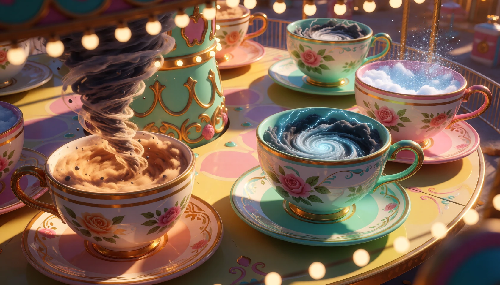 Capture a whimsical amusement park tea cup ride where each oversized porcelain teacup cradles its own self-contained miniature storm, photographed from a slightly elevated wide angle to showcase the full carousel of cups. The nearest cup swirls with 