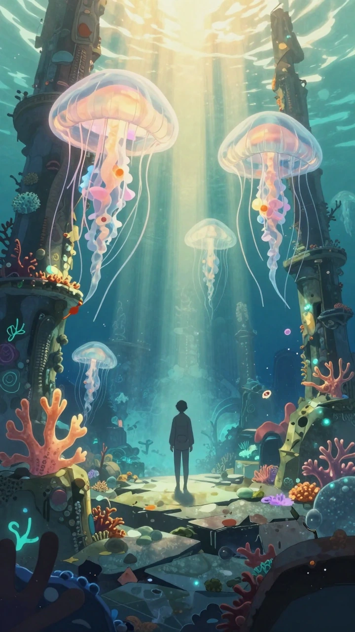 Underwater ruins lit by volumetric god rays from above, bioluminescent coral architecture glowing soft amber and cyan, a lone figure standing on fract