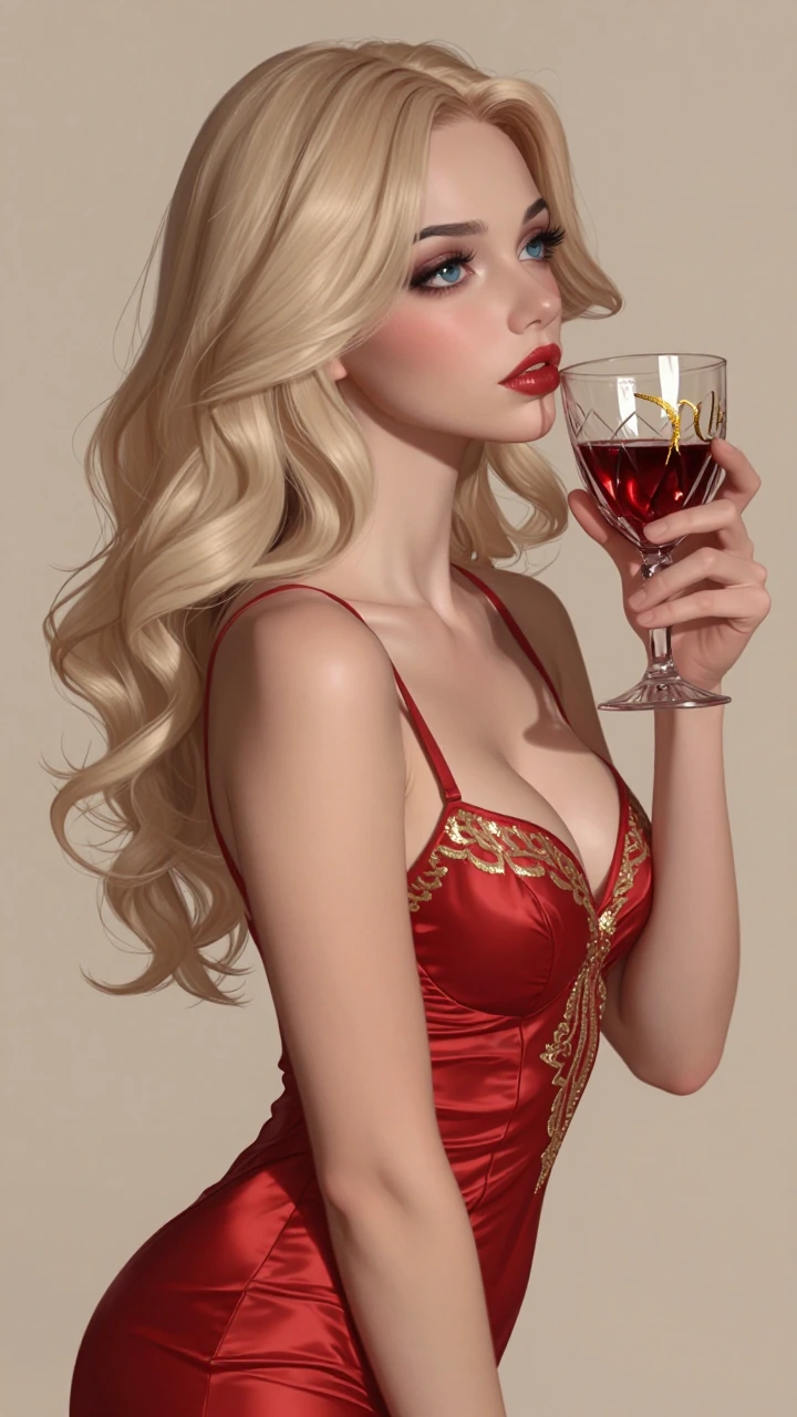 A stunningly beautiful young woman with sensual blue eyes full crimson lips and lustrous wavy champagne blonde hair. She wears a light and airy form fitting red silk dress with intricate gold thread embroidery that accentuates her sleek lithe and cur