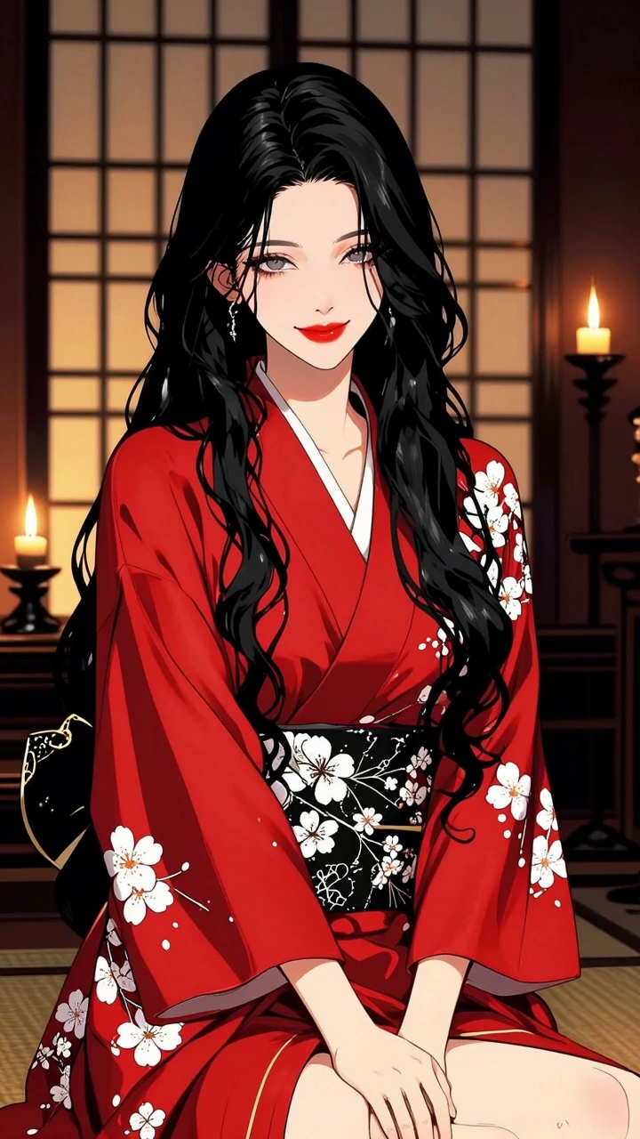 A stunningly beautiful young geisha with sensual grey eyes full pouty crimson lips and lustrous long wavy black hair smiling confidently wearing a red silk kimono with intricately embroidered black and white sakura patterns. She poses provocatively i