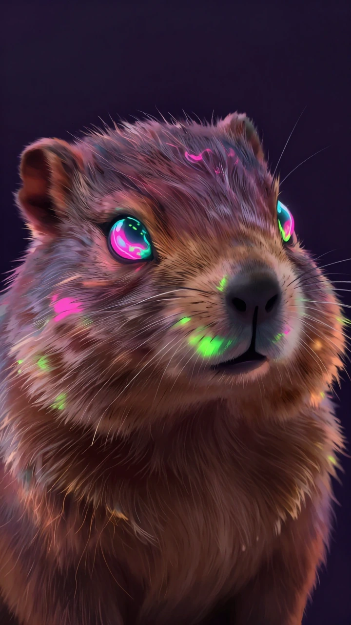 Woodchuck in extreme close-up, eyes as two luminous orbs swirling with neon UV colorsāelectric pink, cyan, lime greenāflowing and shifting like lava lamp blobs in slow motion. Body rendered in plush velvet-like fur with tactile depth, warm brown base