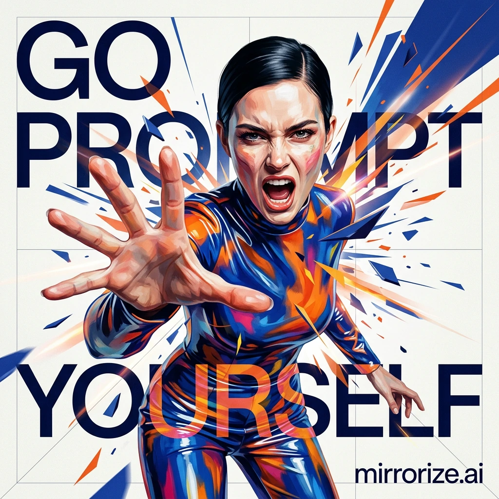 A high-end editorial poster featuring a surreal fusion of painterly portraiture, vector art, and photographic realism — a Caucasian woman with slicked-back black hair, wearing tight, shiny, colorful vinyl fashion styling. Her skin and features have a