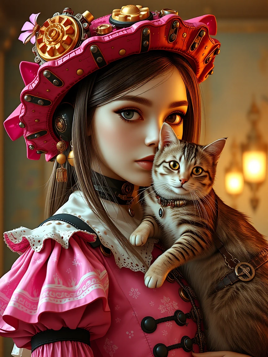 Steampunk girl with her steampunk cat.