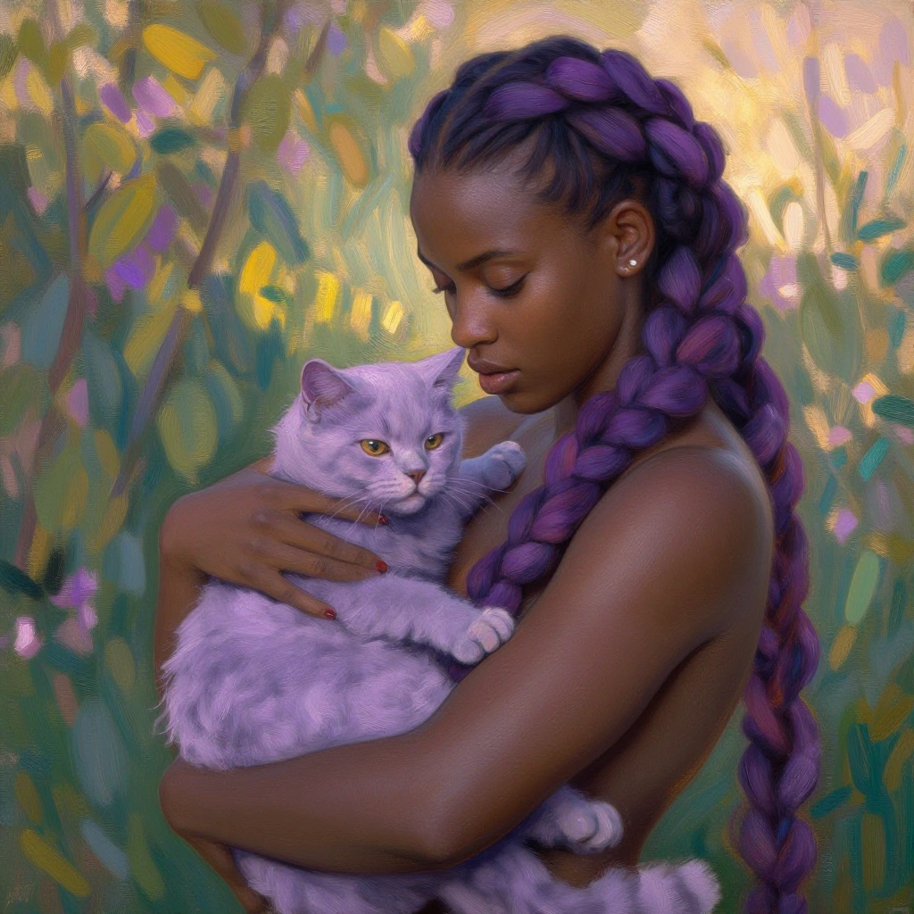 A Black woman with purple braids holding a lavender cat against her chest, painted in impressionist oil strokes with soft, dreamy brushwork and a garden background at golden hour.