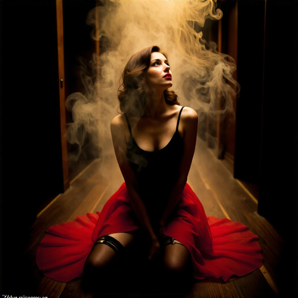 A woman with wavy brown hair and bright red lips sits in a dark, mist-shrouded corridor. She is wearing a striking outfit: a black sleeveless top and a flowing red skirt that catches the diffused light. Ultra-seductive and provocative, she wears stun