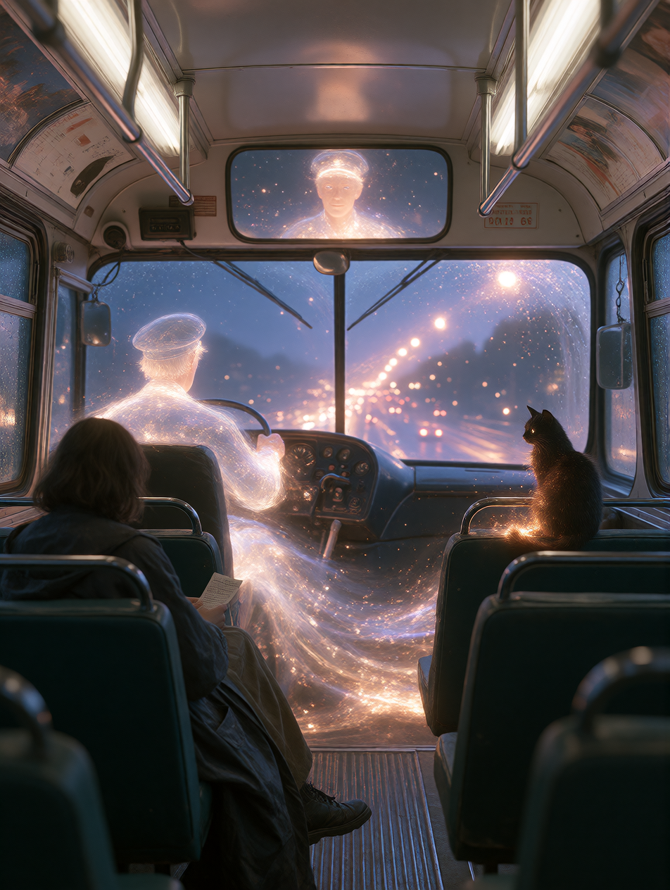 Dreamy, ethereal, softly haunting image of the last passenger on a night bus to nowhere, shot from the back of the bus looking forward down the aisle