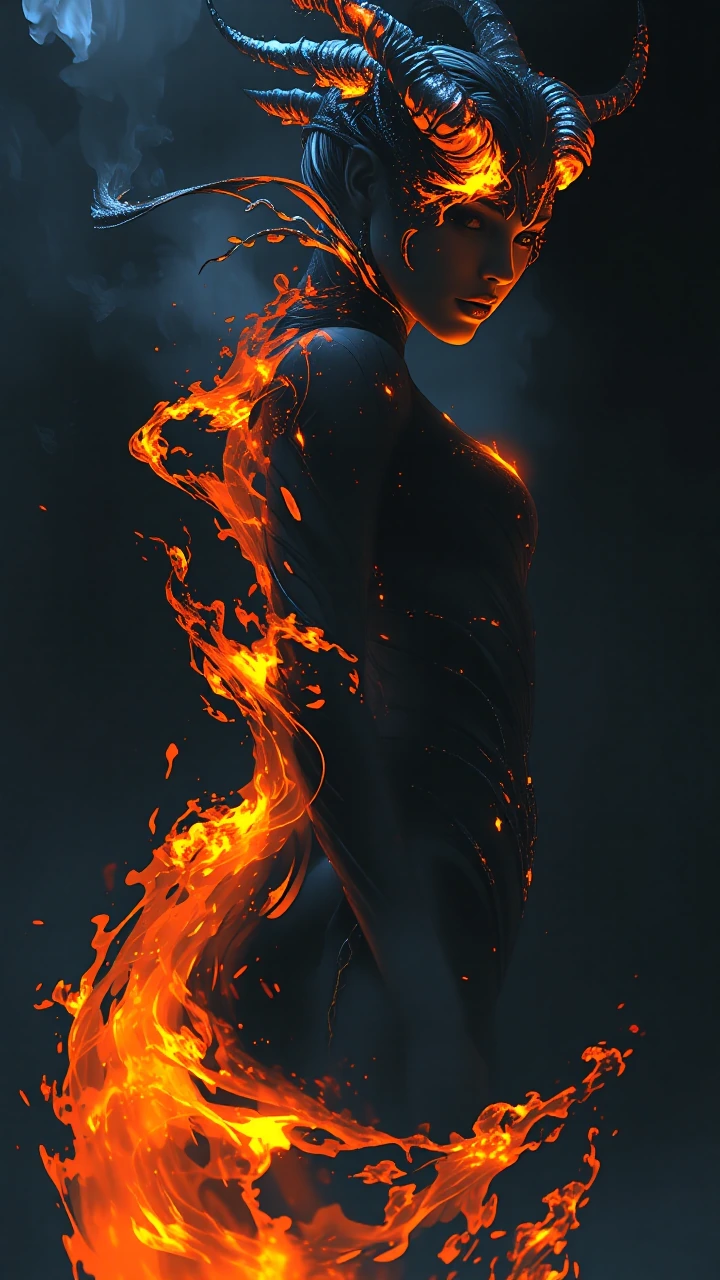 Fire demon woman as character concept art: silhouette of roiling black flame with thin orange heat cracks, her face emerging serene and beautiful from the smoke in soft pastel tones—sharp contrast against dark inferno. Long whip-tail of black fire tr