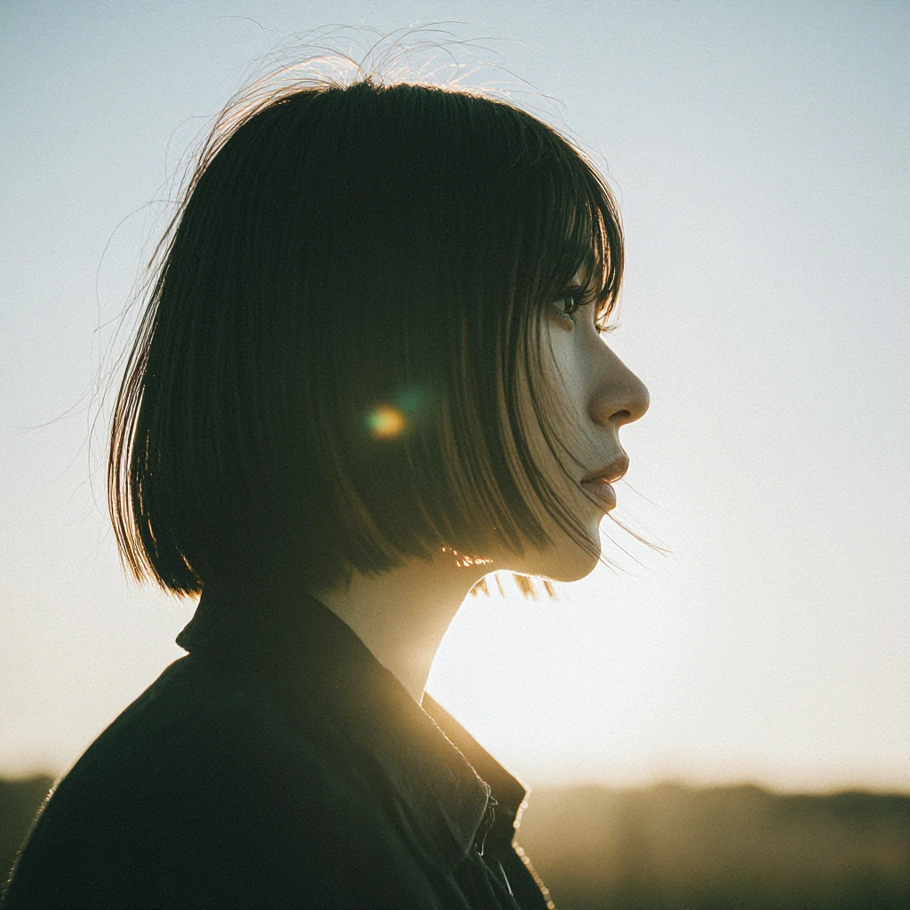 ethereal portrait: solitary figure gazing at distant horizon, golden hour glow