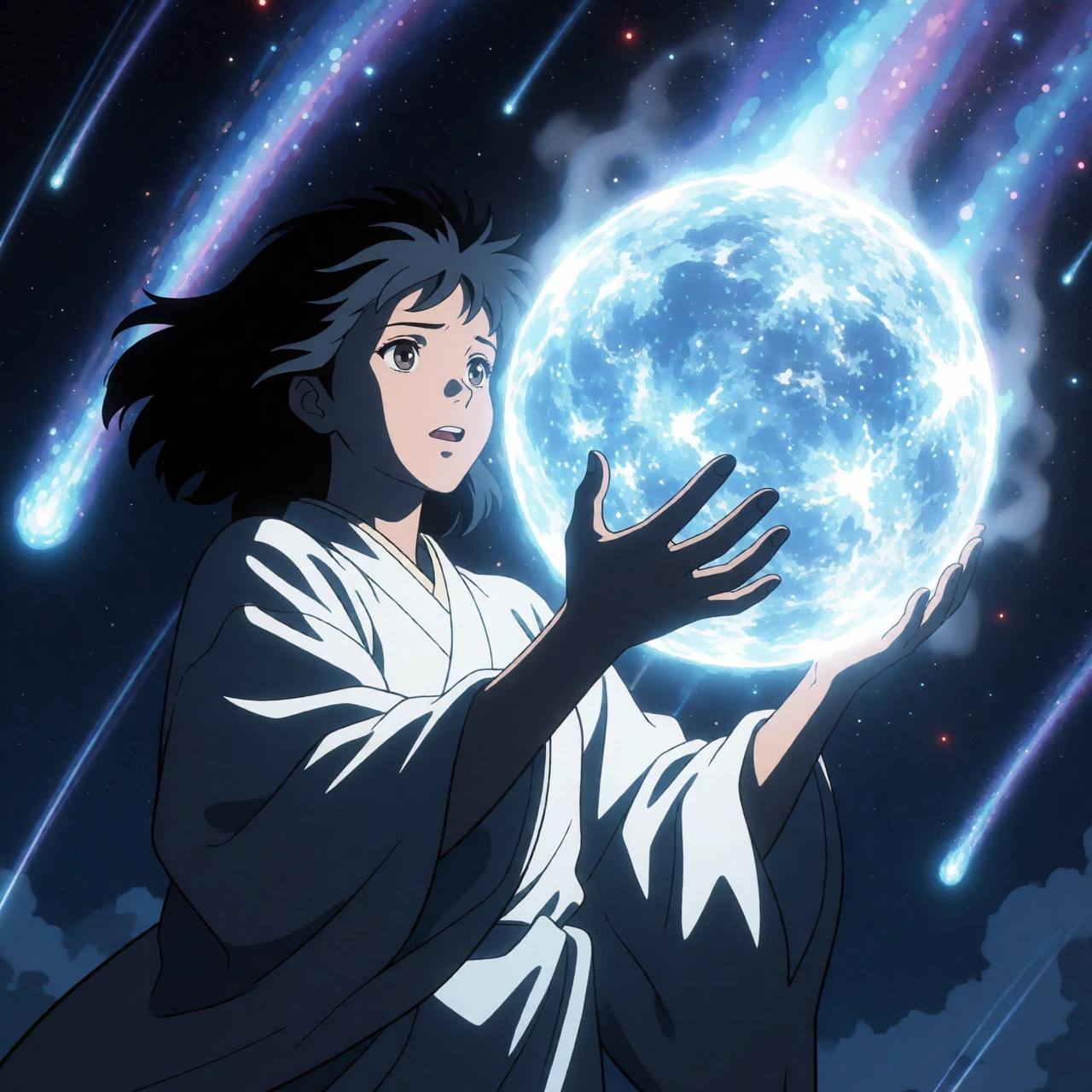 Anime woman in flowing robes catching a massive incandescent star mid-fall during a meteor shower, rendered in the cel-shaded style of early 2000s ani