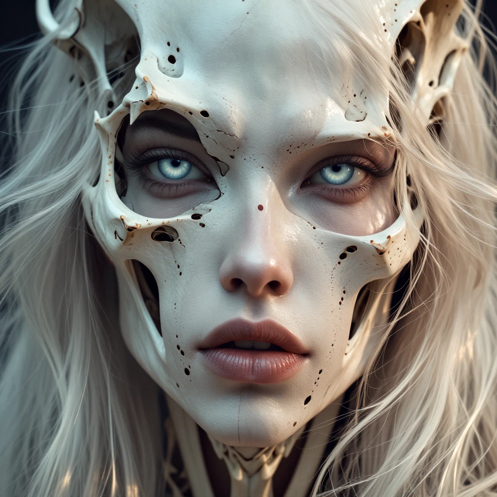 geometric bone structure featuring strong jaw and cheekbones, hypnotic blue feline gaze, plump lips, sleek nose, radiant skin texture, platinum blonde