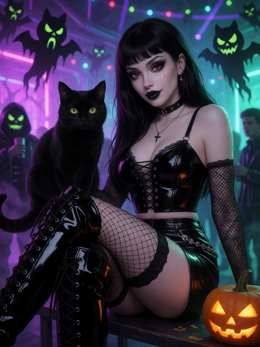 Beautiful goth woman with a cat at a futuristic spooky party π»π±, black boots